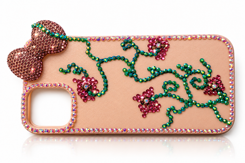 Blinged By Me™ Pink Floral & Bow Rhinestone iPhone 15 Case | Handmade Bling Case