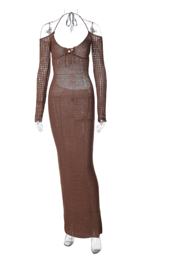 Back Lace-Up Slim Fit Hollow Long Sleeve Dress