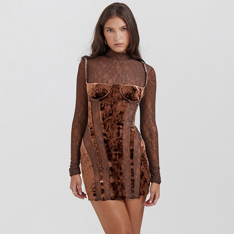 Slim Fit Diamondmax Velvet Lace Long Sleeve Dress
